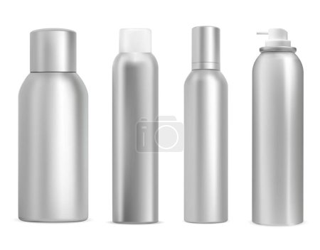 Illustration for Metal aerosol can mockup. Aluminum deodorant spray bottle, silver plastic lid. Hairspray cosmetic can illustration, realistic hair care product. Paint sprayer tin, steel tube for label - Royalty Free Image