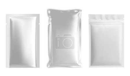 Illustration for Foil sachet mockup, plastic pouch blank, vector template. Shiny silver package for wipe sheet, face mask. Glossy aluminum bag for tea, sugar, candy, biscuit. Wet napkin zipper envelope - Royalty Free Image