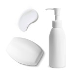 Isolated pump bottle holds your favorite cosmetic cream, serum or gel. Smooth white plastic container with clear cap is perfect for skincare products. Cream stroke sample and soap bar