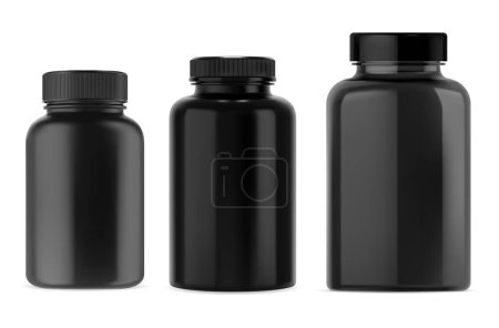 Téléchargez les illustrations : Black plastic bottle mockup of a container for pills, capsules, or powder supplements. It can be used as a mock-up for a drug or vitamin container, with space for a label or design - en licence libre de droit