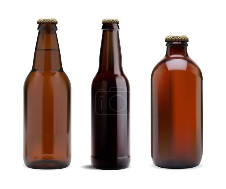 Illustration for Brown glass beer bottle. Light and dark cold drink package. Cool and delicious refreshing product, amber color package template. Liquid alcohol beer or water brand, isolated on white background - Royalty Free Image