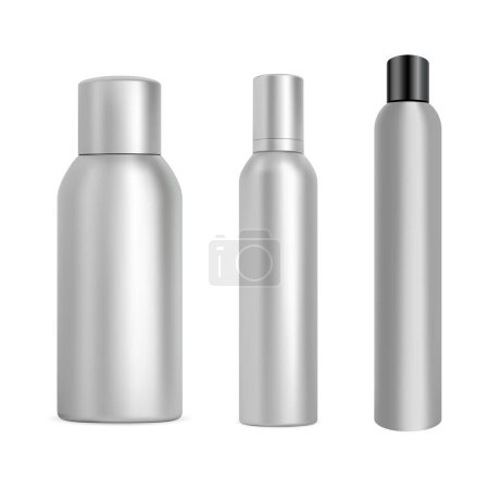 Illustration for Aluminum spray tin mockup. Aerosol spray container design. Silver cylinder can, toilet freshener dispenser vector design. Realistic paint pack mockup. Air mist can, hairspray beauty product - Royalty Free Image