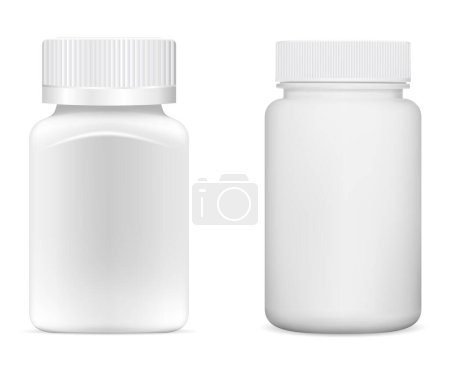 Illustration for Supplement jar. Pill bottle mockup, vector template. White plastic vitamin package design closeup. Tablet package blank, small pillbox for medicine product. Empty pharmacy drug tub - Royalty Free Image