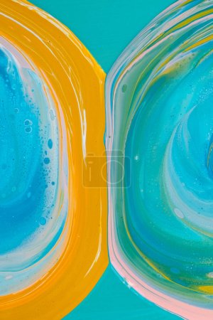 Photo for Beautiful fluid art natural luxury painting. Marbleized effect. Ancient oriental drawing technique. White, pink, blue, green, yellow, mustard and turquoise colors. Abstract decorative marble texture. - Royalty Free Image