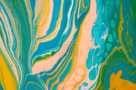 Photo for Beautiful fluid art natural luxury painting. Marbleized effect. Ancient oriental drawing technique. White, pink, blue, green, yellow, mustard and turquoise colors. Abstract decorative marble texture. - Royalty Free Image