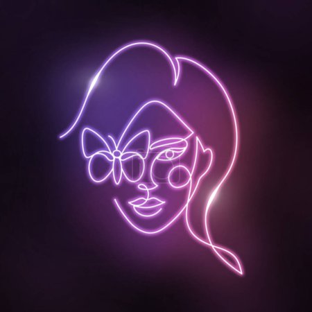 Téléchargez les photos : Neon visage d'une femme dans un style minimaliste moderne abstrait une ligne. Éclairage papillon. Conception électrique futuriste linéaire simple et continue. Couleur cyan turquoise. - en image libre de droit