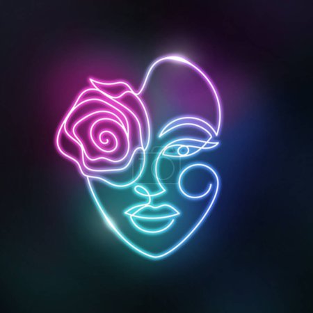 Téléchargez les photos : Neon visage d'une femme dans un style minimaliste moderne abstrait une ligne. Éclairage de fleurs roses. Conception électrique futuriste linéaire simple et continue. Couleur cyan turquoise. - en image libre de droit