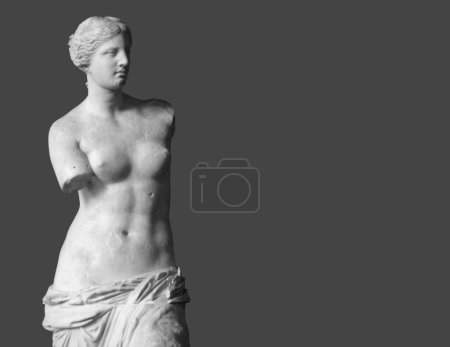 Foto de La Venus de Milo es una antigua escultura griega. Una de las obras más famosas de la escultura griega antigua, expuesta en el Museo del Louvre. Hermoso cuerpo de mujer. Primer plano de una hembra. Aislado sobre gris. - Imagen libre de derechos