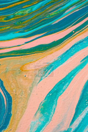 Photo for Modern fluid art painting. Abstract decorative marble texture. Background with liquid acrylic. Mixed paints for poster or wallpaper. White, pink, blue, green, yellow, mustard and turquoise colors. - Royalty Free Image