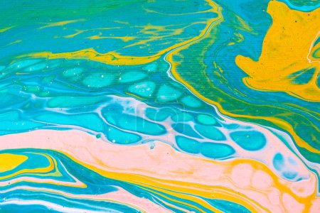 Téléchargez les photos : Modern fluid art painting. Abstract decorative marble texture. Background with liquid acrylic. Mixed paints for poster or wallpaper. White, pink, blue, green, yellow, mustard and turquoise colors. - en image libre de droit