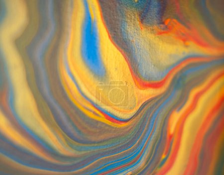 Photo for Fluid art painting. Abstract decorative marble texture. Background with liquid acrylic. Mixed paints for poster or wallpaper. Modern art. Psychedelic colors. Blue, golden, red, yellow, orange. - Royalty Free Image
