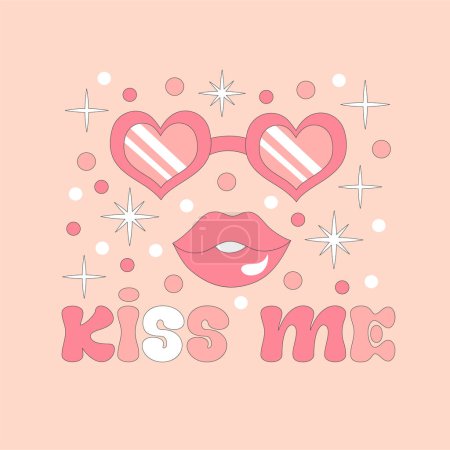 Illustration for Retro 70s style kiss me text, groovy hippie backgrounds. Valentines Day funky print with lips and glasses. Colorful background. Vector hippie illustration. - Royalty Free Image
