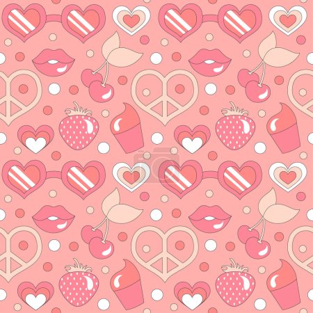 Illustration for Seamless Valentines Day pattern with retro hearts and sparkles. Summer simple minimalist heart. 70 s style love. Colorful pink background. Vector illustration. - Royalty Free Image