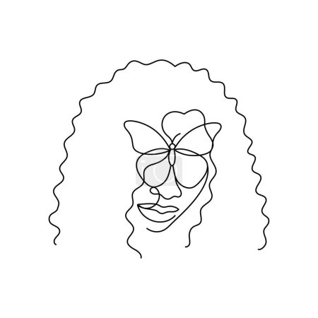 Ilustración de Rostro de una mujer afroamericana en un moderno estilo minimalista abstracto de una línea con una mariposa. Línea negra continua de un dibujo simple de chica africana. Aislado sobre blanco. Ilustración vectorial. - Imagen libre de derechos