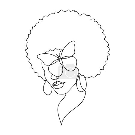 Téléchargez les illustrations : Visage d'une femme afro-américaine dans un style abstrait minimaliste moderne à une ligne avec un papillon. Ligne noire continue d'une fille africaine dessin simple. Isolé sur blanc. Illustration vectorielle. - en licence libre de droit