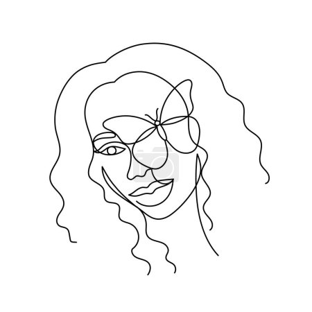 Illustration for Face of an Afro American woman in a modern abstract minimalist one line style with a butterfly. Continuous black line of an African girl simple drawing. Isolated on white. Vector illustration. - Royalty Free Image