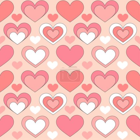 Illustration for Seamless pattern with retro pink colors hearts. Summer simple minimalist heart. 70 s style love. Colorful background. Vector illustration. - Royalty Free Image
