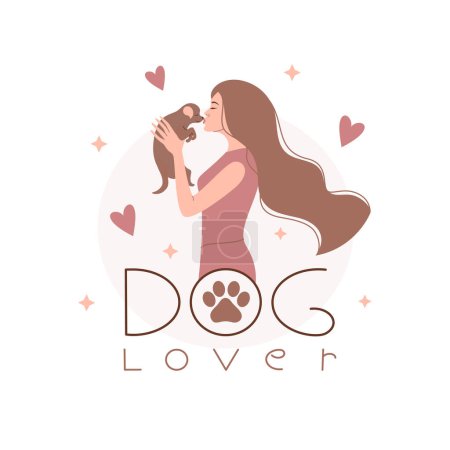 Téléchargez les illustrations : Dog lover text with a woman holding a puppy. Cute illustration with a girl and her pet. Pets quote. Love for animal. Dog digital art. Vector flat art simple minimalist illustration. - en licence libre de droit