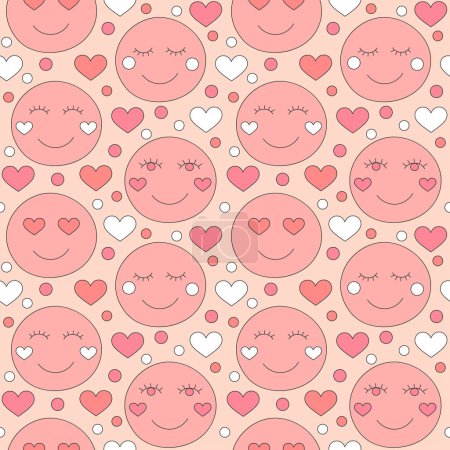 Illustration for Seamless pattern with retro pink colors hearts and smiley faces. Summer simple minimalist heart. 70 s style love. Colorful background. Vector illustration. - Royalty Free Image