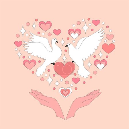 Illustration for Retro 70s style groovy hippie backgrounds. Valentines Day funky print with pigeons and hands. Colorful background. Vector hippie illustration. Heart shape. - Royalty Free Image