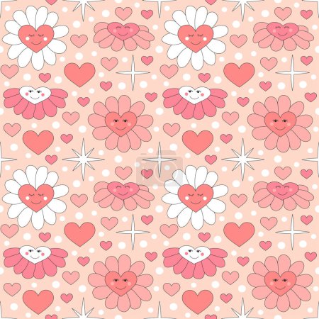 Téléchargez les illustrations : Seamless pattern with retro pink colors hearts and daisy flowers with a smile. Summer simple minimalist heart. 70 s style love. Colorful background. Vector illustration. - en licence libre de droit