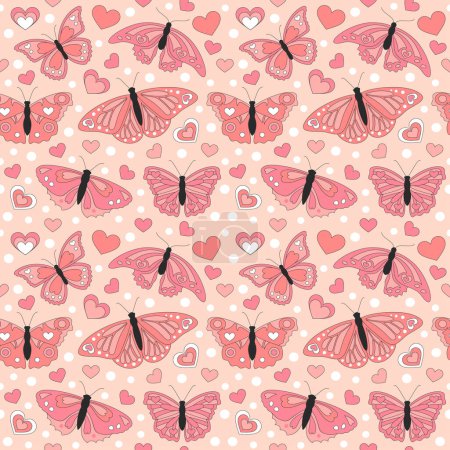 Illustration for Seamless pattern with retro pink colors hearts and butterflies. Summer simple minimalist heart and a butterfly. 70 s style love. Colorful background. Vector illustration. - Royalty Free Image