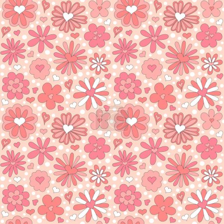 Téléchargez les illustrations : Seamless pattern with retro pink colors hearts and daisy flowers. Summer simple minimalist heart. 70 s style love. Colorful background. Vector illustration. - en licence libre de droit