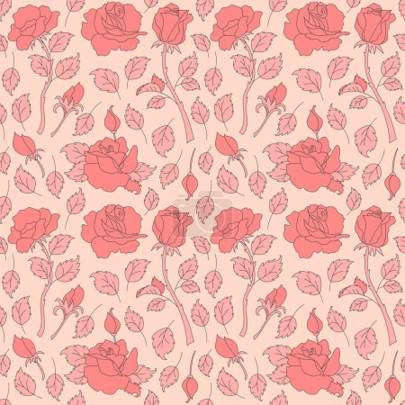 Illustration for Seamless pattern with retro pink colors hearts and rose flowers. Summer simple minimalist heart. 70 s style love. Colorful background. Vector illustration. - Royalty Free Image