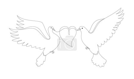 Téléchargez les illustrations : Pigeons in a modern abstract minimalist one line style with a heart. Symbol of peace and love. Continuous black line simple drawing. Vector fashion illustration. - en licence libre de droit