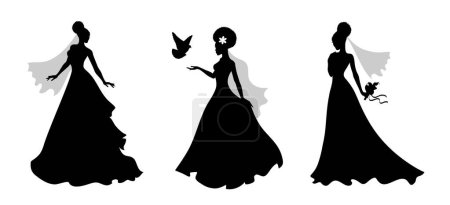 Illustration for Set of vector silhouettes of an afro bride with a bird. Vector illustration silhouettes of African brides standing. Black color. Isolated on white. - Royalty Free Image