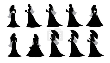 Illustration for Set of vector silhouettes of a bride. with an umbrella. Vector illustration silhouettes of brides standing with a veil. Black color. isolated on white. - Royalty Free Image