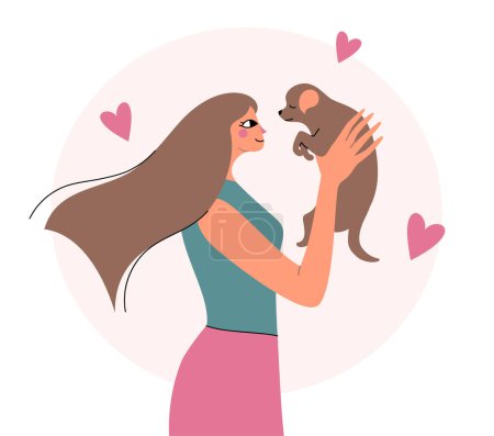 Illustration for Woman in a trendy style holding a puppy. Cute illustration with a girl and her pet. Love for animal. Dog digital art. Vector flat art simple minimalist illustration. - Royalty Free Image