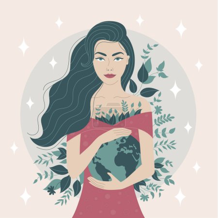 Illustration for Vector illustration of a woman holding the Earth in her hands with minimalist lines. Background with lush green leaves, conveying the idea of protecting the planet with a simple and elegant design. - Royalty Free Image