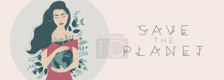 Illustration for Vector illustration banner of a woman holding the Earth in her hands with minimalist lines. On a background with lush green leaves, conveying the idea of protecting the planet. Save the Planet text. - Royalty Free Image