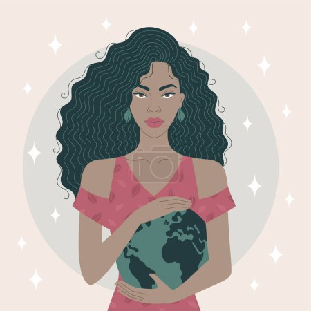Illustration for This minimalist flat art illustration features an African woman holding the Earth in her hands, portraying a powerful concept of protecting the planet. Vector illustration. - Royalty Free Image