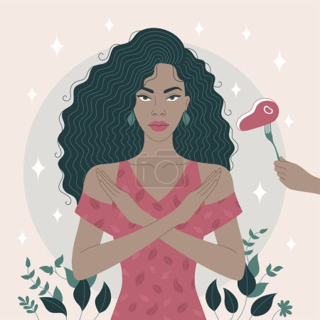 Illustration for This flat art minimalist illustration depicts an African woman in a simple style, crossing her arms in a gesture of saying no to meat. The vegan girl promotes the concept of stopping meat consumption. - Royalty Free Image