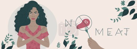 Illustration for This banner features a flat art minimalist illustration of an African woman, expressing refusal to meat with crossed arms. Accompanied by No meat text, it conveys a strong Stop eating meat concept. - Royalty Free Image