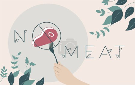 Illustration for This banner boldly showcases the No Meat text, emphasizing the concept of stopping meat consumption. Hand holding a fork with a crossed out meat symbolizes the commitment to a meat free lifestyle. - Royalty Free Image