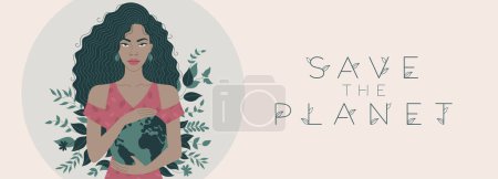 Illustration for Banner with this minimalist flat art illustration features an African woman holding the Earth in her hands, portraying a powerful concept of protecting the planet. Vector illustration. Green leaves. - Royalty Free Image