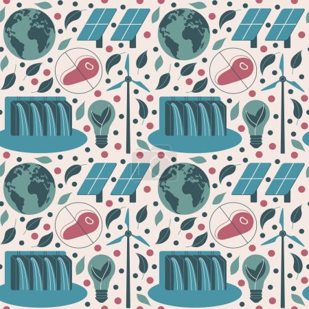 Vector pattern, in a minimalist flat art style, with clean lines, a planet Earth, green leaves, solar panels and windmills. It conveys the idea of protecting the Earth with a simple, repeating design.