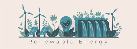 Téléchargez les illustrations : Cette bannière met en valeur les feuilles vertes aux côtés des symboles des énergies renouvelables tels que les panneaux solaires, les éoliennes et l'hydroélectricité, promouvant le concept Save the Planet à travers des solutions d'énergie durable.. - en licence libre de droit