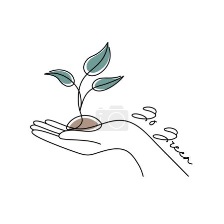 Téléchargez les illustrations : Dans cette illustration de style line art, une main berçant une plante verte vibrante, tandis que le texte Go Green renforce le concept de sauver la planète par des actions éco-conscientes. - en licence libre de droit