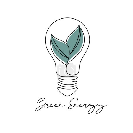 Illustration for This line art style illustration features a bulb adorned with green leaves, symbolizing green energy, accompanied by the text Green Energy. - Royalty Free Image