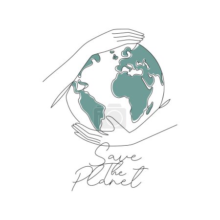 Illustration for In these linear art vector illustrations, Planet Earth embraced by caring hands, encircled by green leaves, and the message Save the Planet. - Royalty Free Image