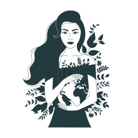 Illustration for Woman holding the Earth in her hands with minimalist lines. Background with lush green leaves, conveying the idea of protecting the planet with a simple and elegant design. - Royalty Free Image