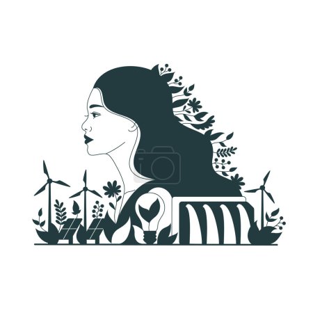 Illustration for In this flat art illustration, an Asian womans profile is adorned with green leaves and surrounded by symbols of renewable energy, embodying the Save the Planet concept. - Royalty Free Image