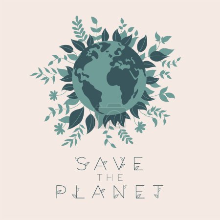 This flat art vector illustration feature Planet Earth surrounded by green leaves and the message Save the Planet in a simple and impactful design. 