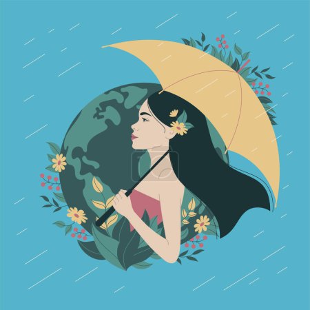 Illustration for Delve into environmental awareness with this vector illustration, a woman holds an umbrella as rain falls against Planet Earth. It embodies the Save the Planet concept. - Royalty Free Image