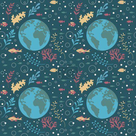 Illustration for Immerse yourself in ocean conservation with this seamless pattern. Flat art style showcases Planet Earth, fish, and seaweed, promoting the Save the Ocean concept. - Royalty Free Image