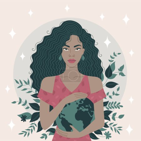 Illustration for Vector illustration of a woman holding the Earth in her hands with minimalist lines. Background with lush green leaves, conveying the idea of protecting the planet with a simple and elegant design. - Royalty Free Image